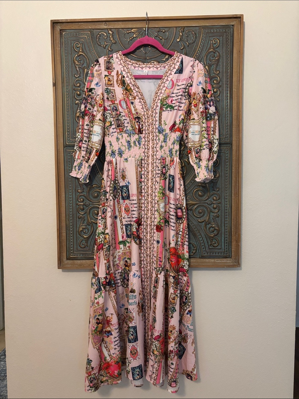 Disney Pink Printed V-Neck Maxi Dress with Puff Sleeves
